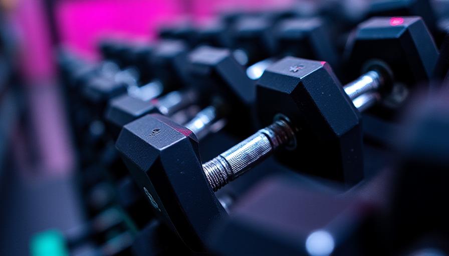 Stacked commercial rubber hex dumbbells in a gym rack