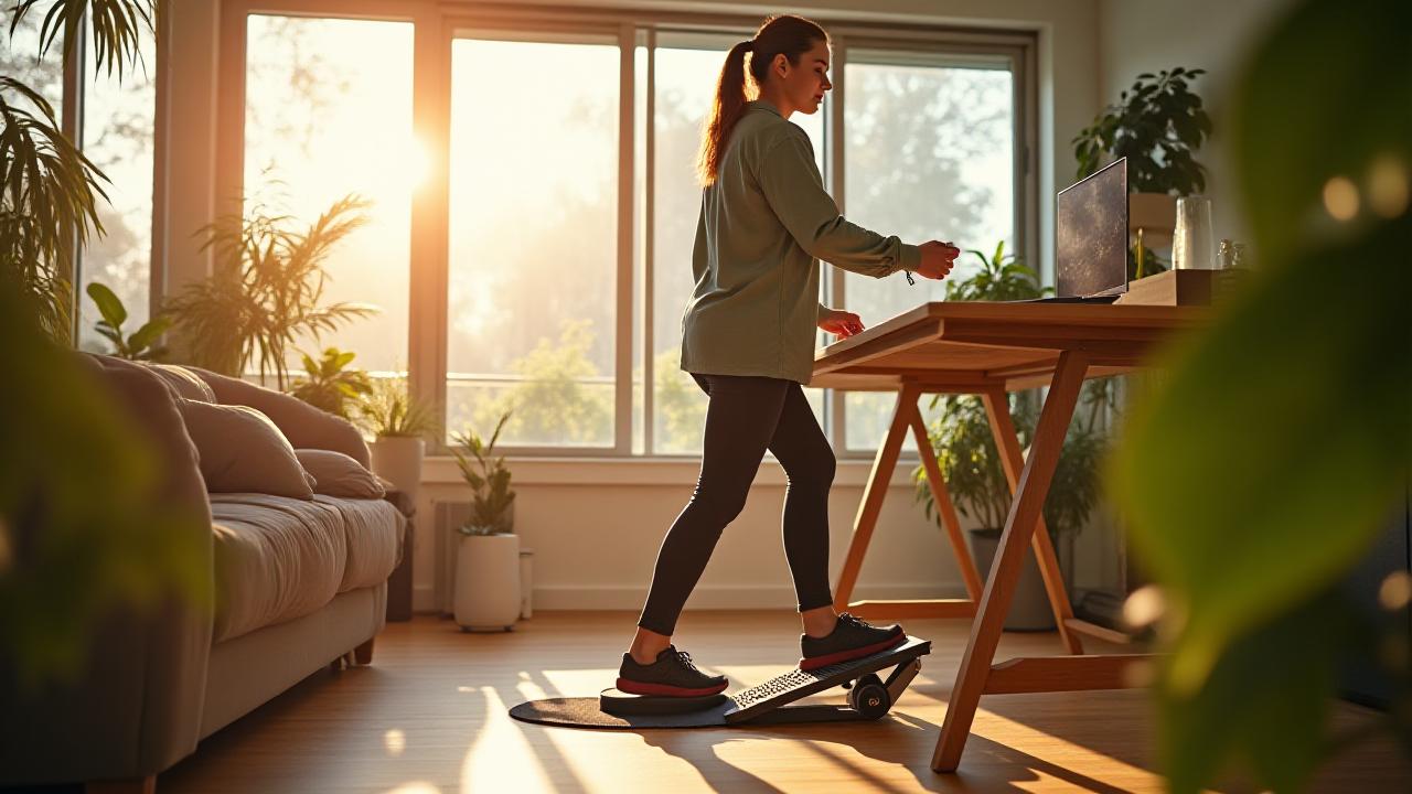 Active professional using a mini stepper at a standing desk in Melbourne