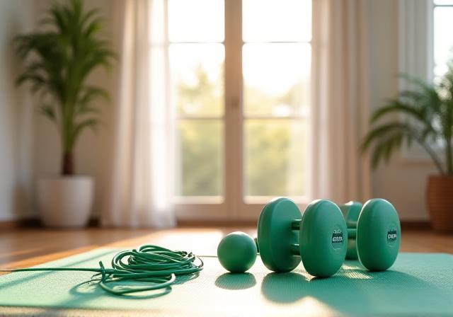 Modern home gym setup with dumbbells and jump ropes